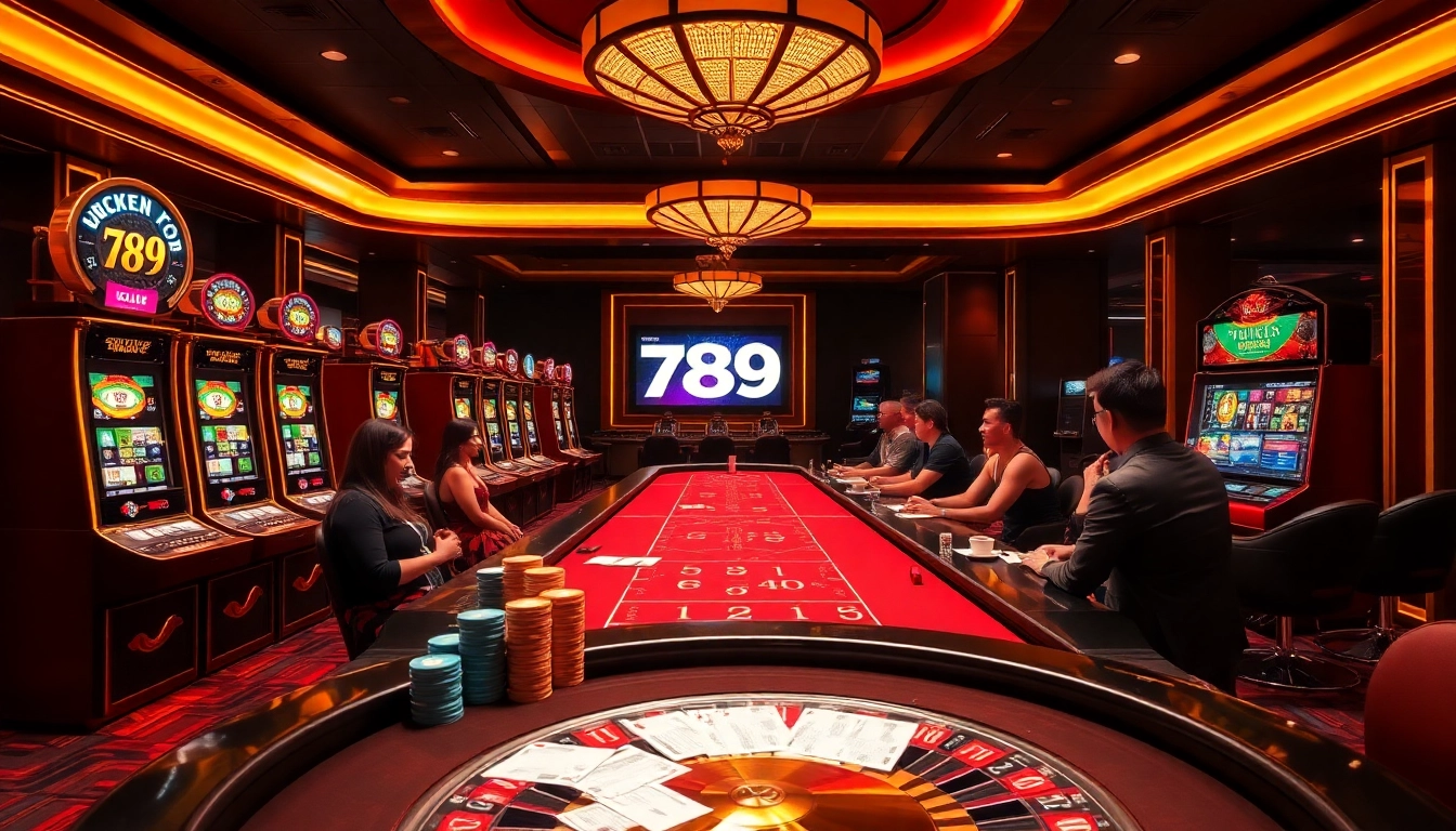 Engaging gamblers at 789club with a vibrant casino atmosphere featuring tables, slots, and betting chips.