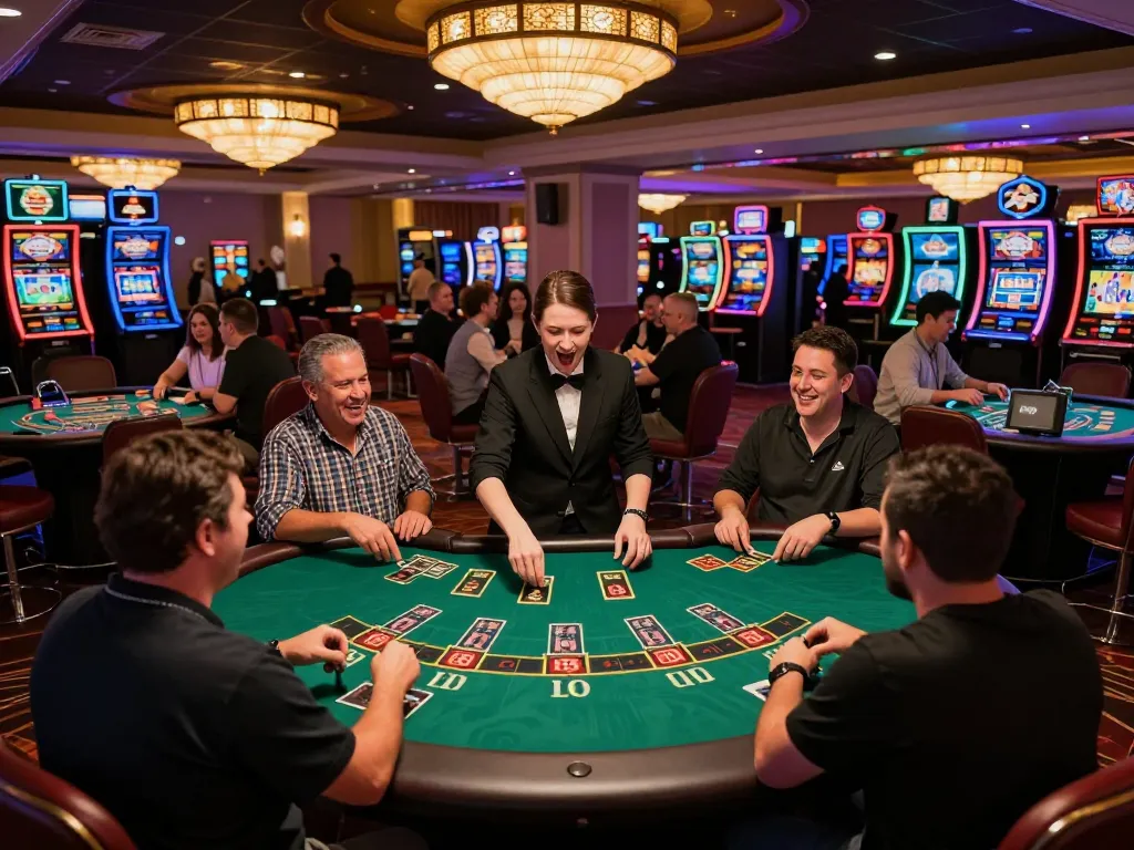 Ko66 players enjoying a thrilling game of blackjack amidst vibrant casino atmosphere.