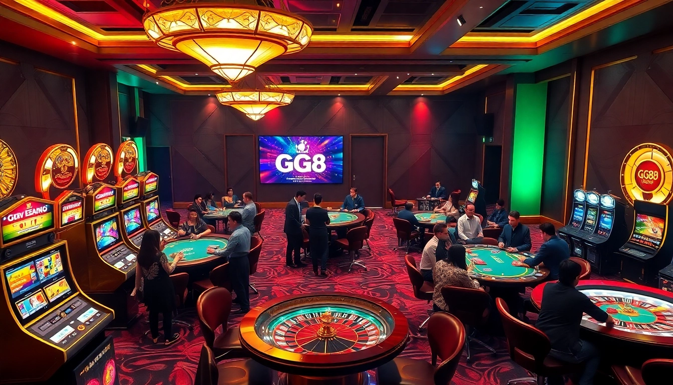 Experience the excitement of GG88 with players enjoying vibrant online casino games in a luxurious setting.