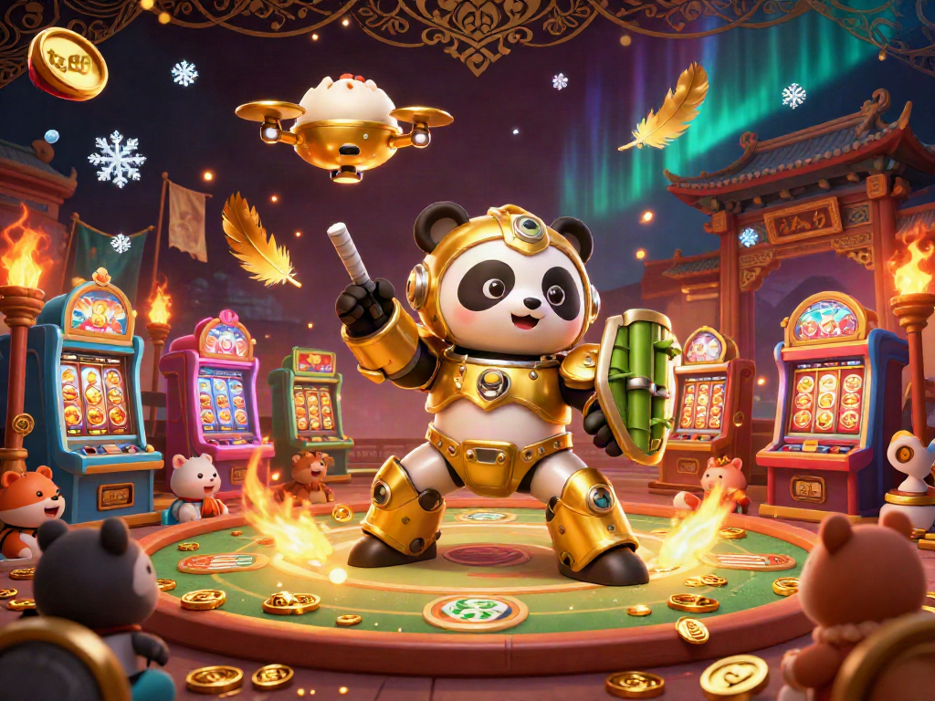 Experience the vibrant tg88 casino arena with dynamic slot machines, golden panda, and engaging gaming elements.