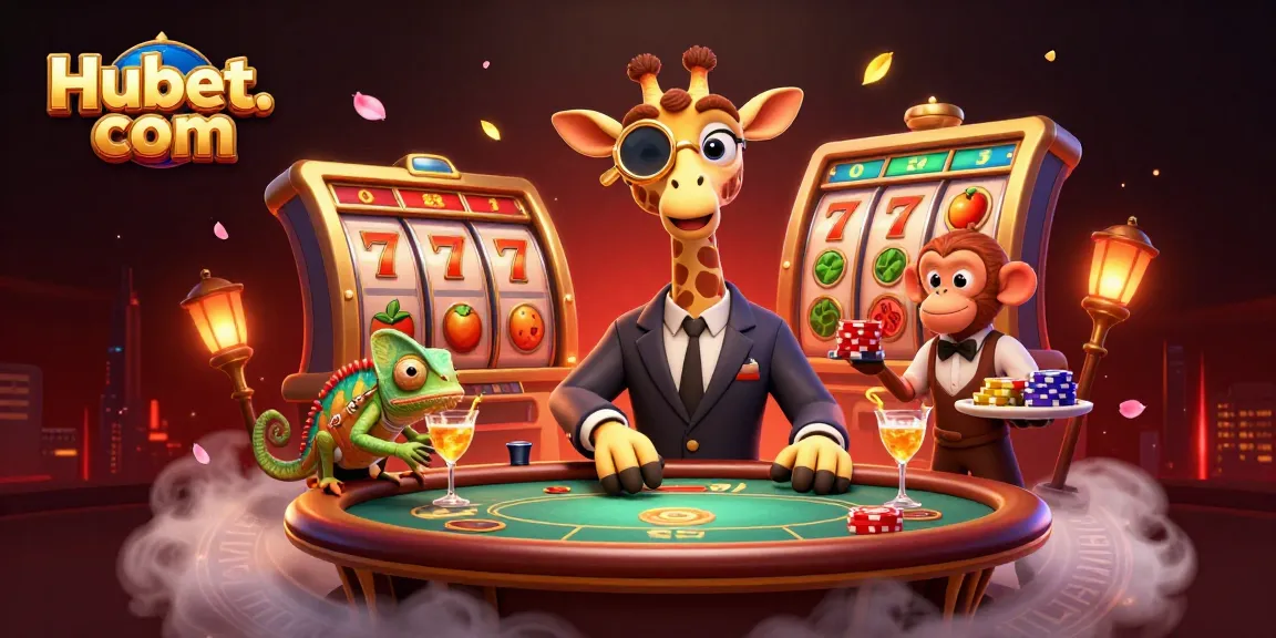 Experience the excitement of Hubet. com with a vibrant 3D casino scene featuring giraffe high-roller and friendly chameleon bartender.