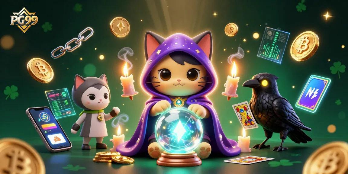 Experience PG99's thrilling gaming world with fortune teller cat and raven in a dynamic crypto casino setting.