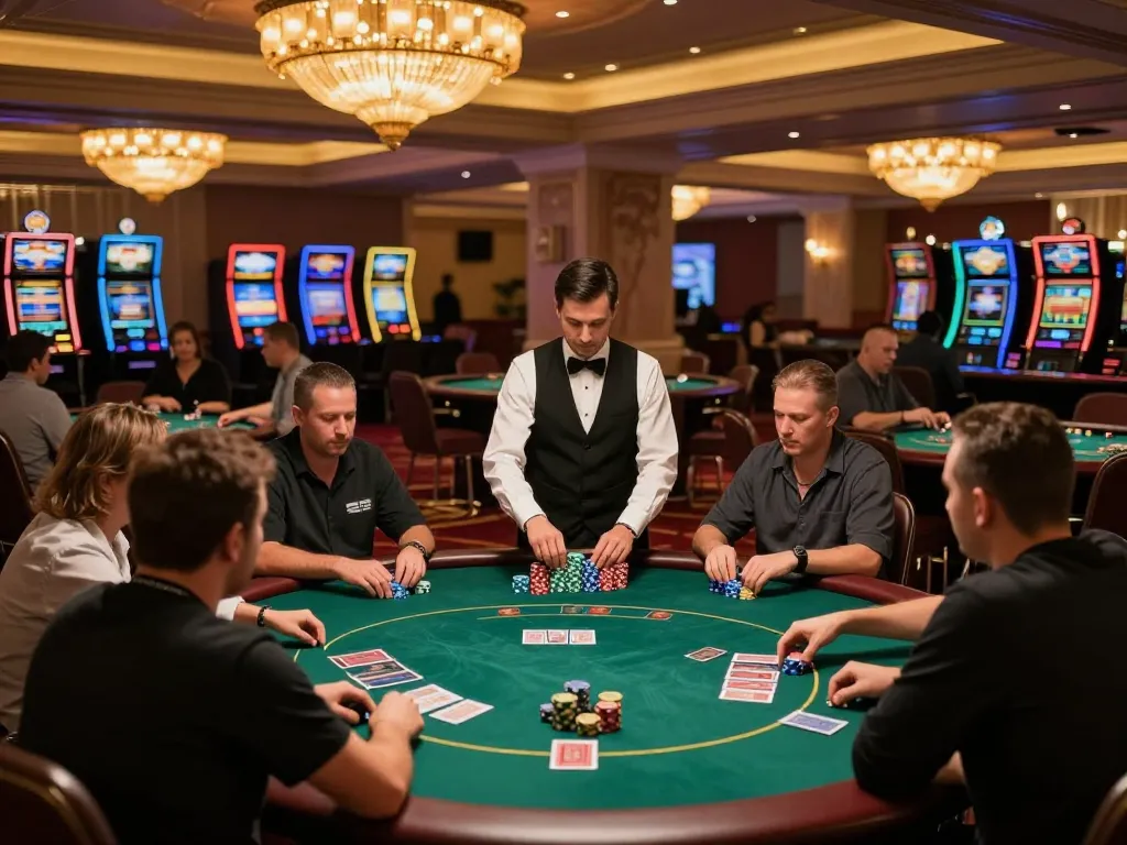 Players experience an exciting game at 4444WIN casino with vibrant poker tables and rich ambiance.