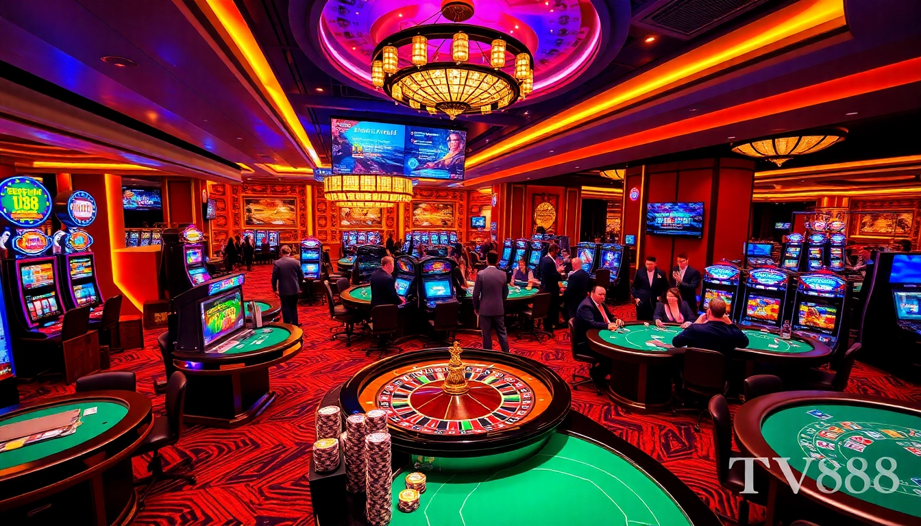 Experience the thrill of gaming at TV88's luxurious casino with vibrant slot machines and poker tables.