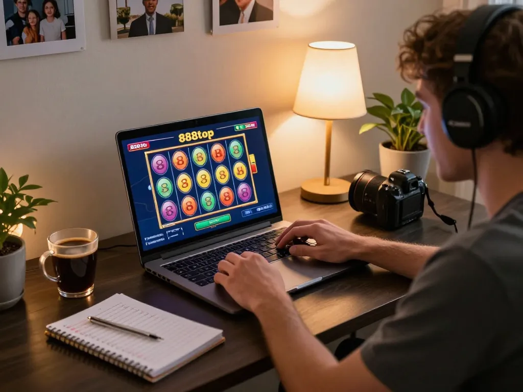 Engaged player strategizing bets on 888top while enjoying an online slot game