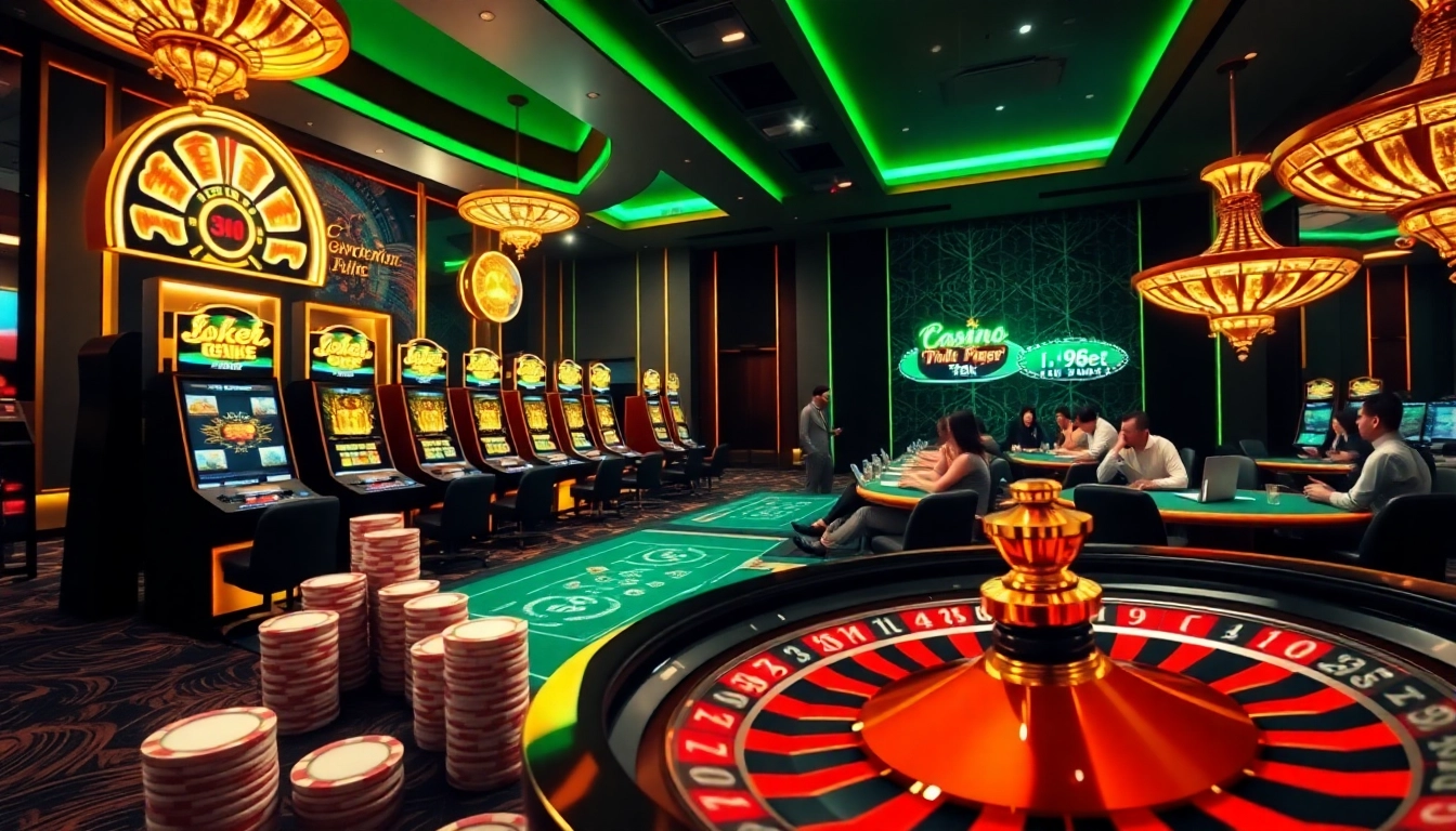 i9bet players enjoying an exciting casino atmosphere with poker chips and a spinning roulette wheel.
