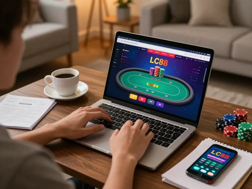 Playing poker on the LC88 platform from home, engaging in online gaming with strategies in view.