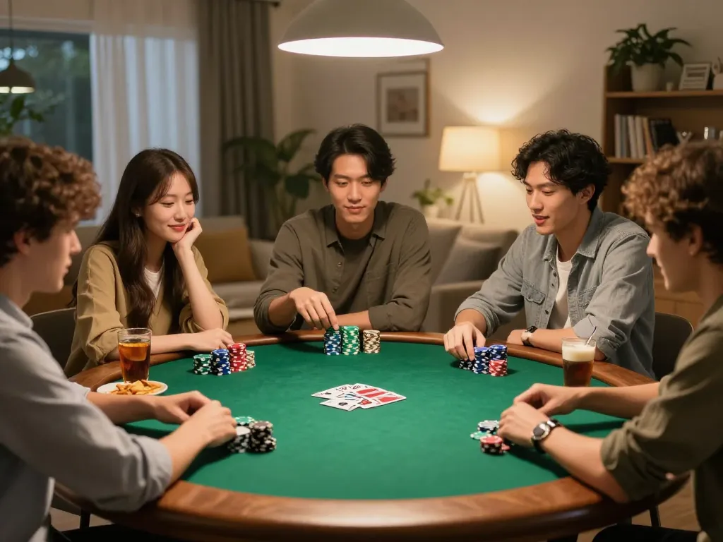 Friends enjoying a poker game at home, highlighting nhà cái S666 gaming experience.