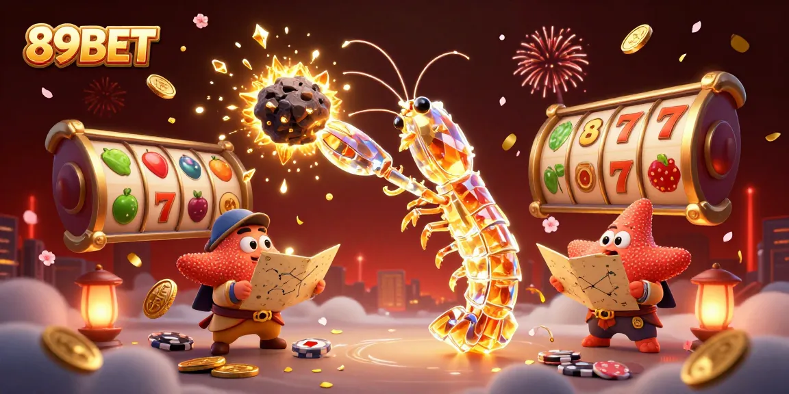 Win big with 89BET in a vibrant casino scene featuring a samurai mantis shrimp and treasures.
