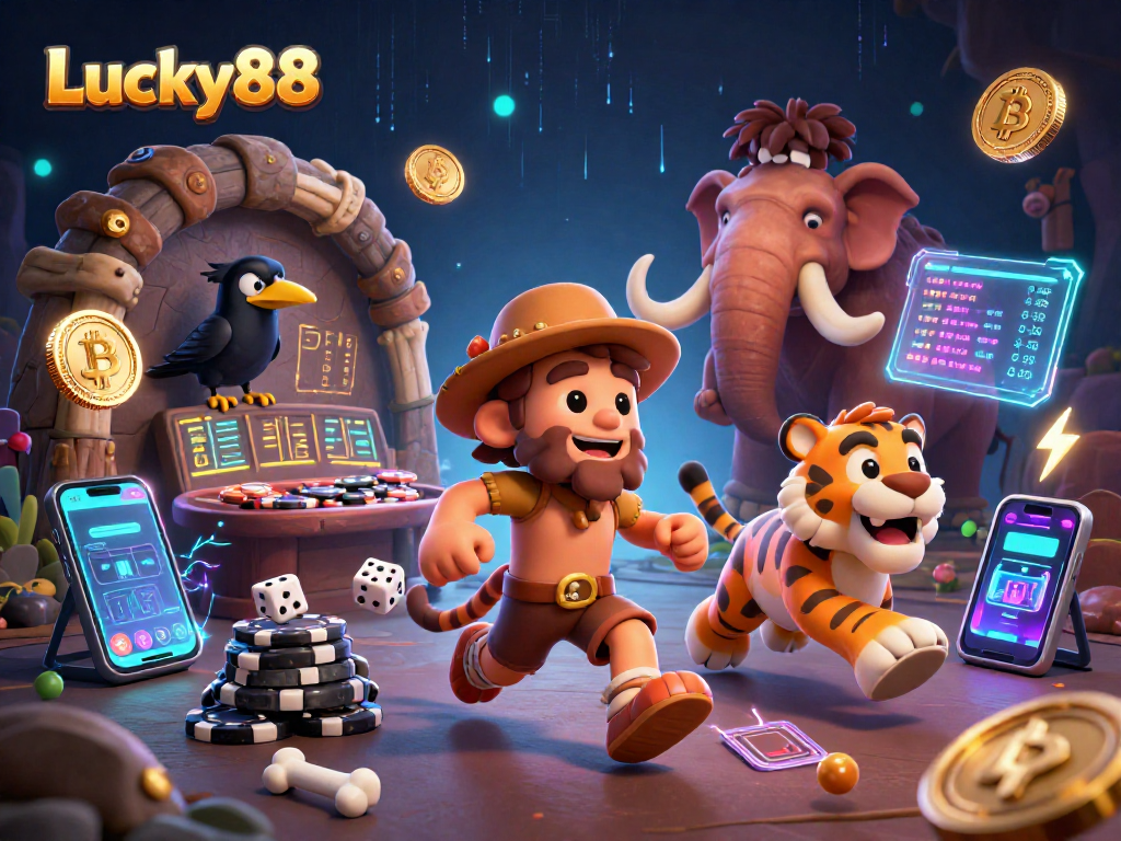 Experience Lucky88 with a lively prehistoric casino scene featuring a caveman duo and a clever crow.