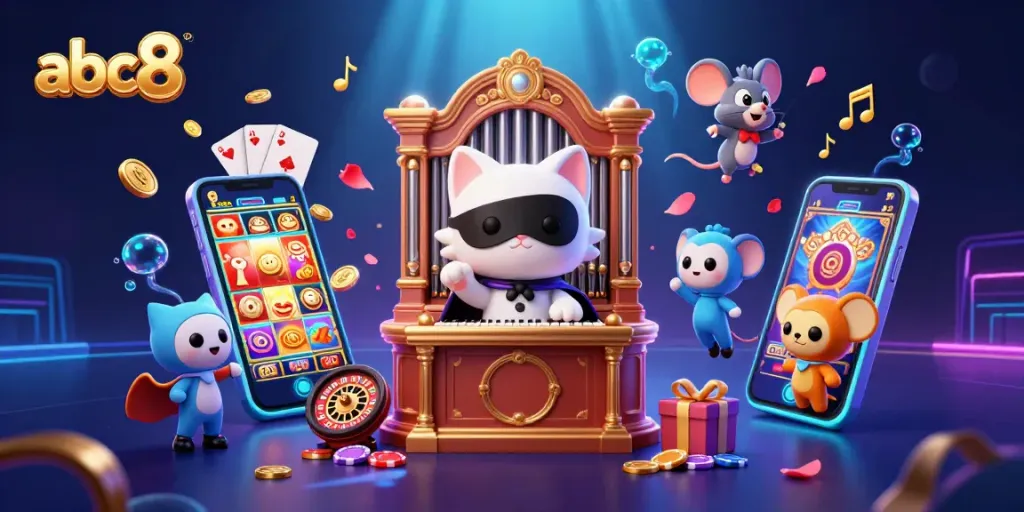 Experience excitement at abc8's vibrant casino scene filled with games, golden coins, and lively characters.