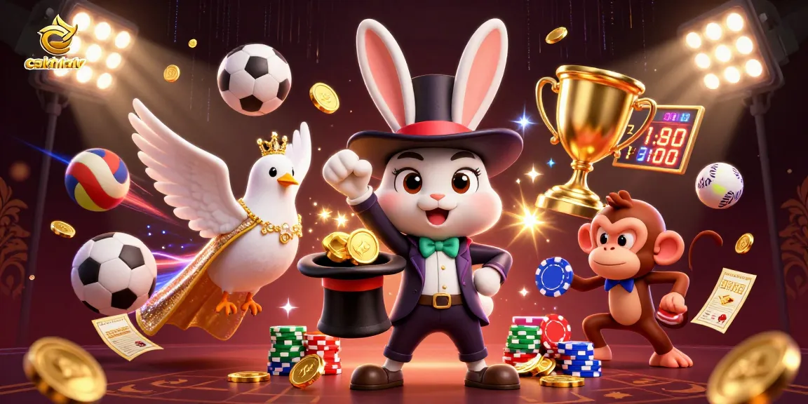 CakhiaTV showcases lively 3D characters in a vibrant gambling-themed scene featuring golden coins and sports elements.