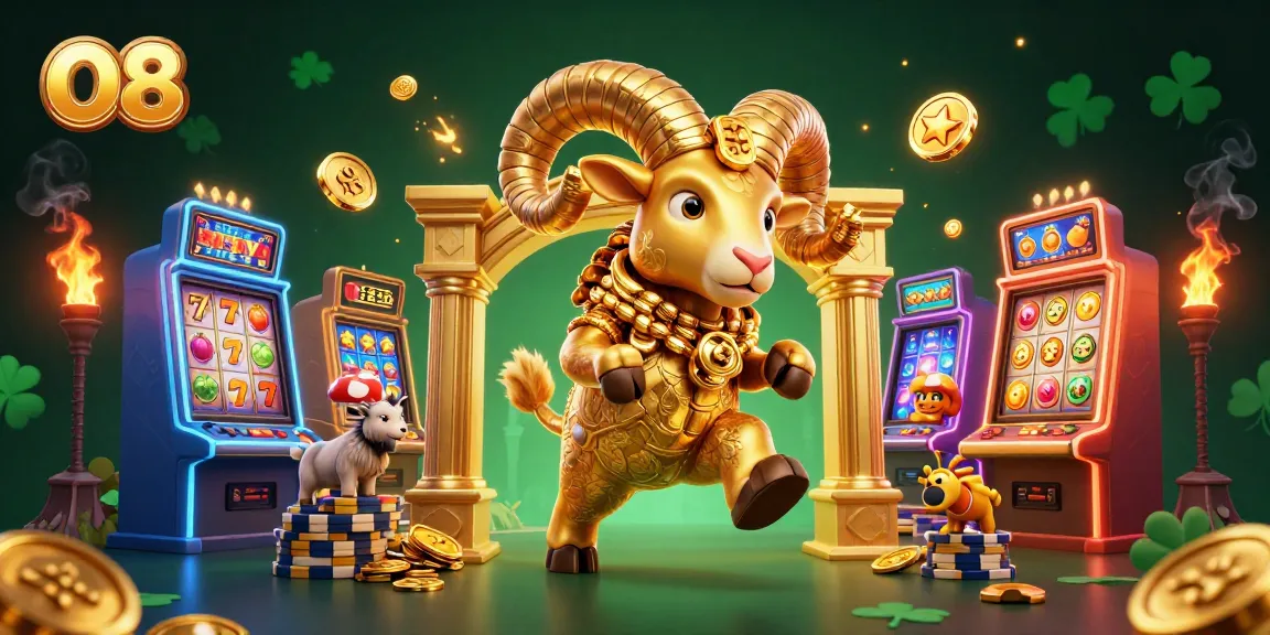 Spin the reels and win big at O8 with vibrant golden ram and lively slot machine scene.