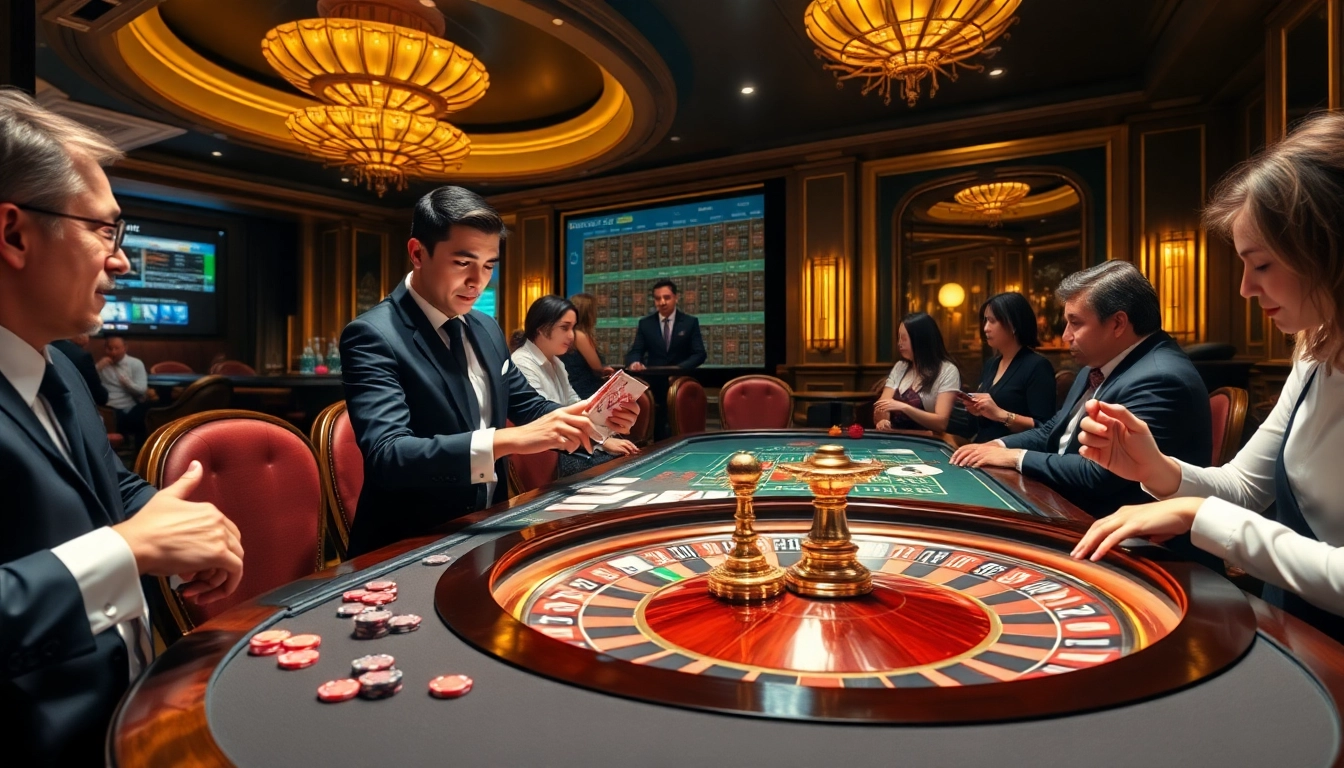 E2BET players enjoying an upscale casino experience with cards and roulette.