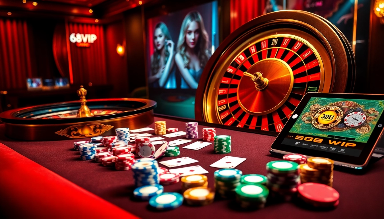 Experience thrilling gaming at 68VIP with vibrant casino chips and online betting interfaces.