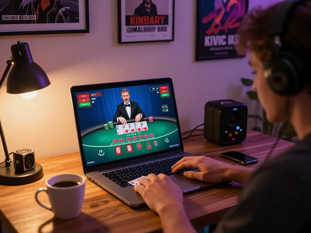 Experience exciting live dealer blackjack gameplay at urr88 on a laptop in a cozy apartment setting.