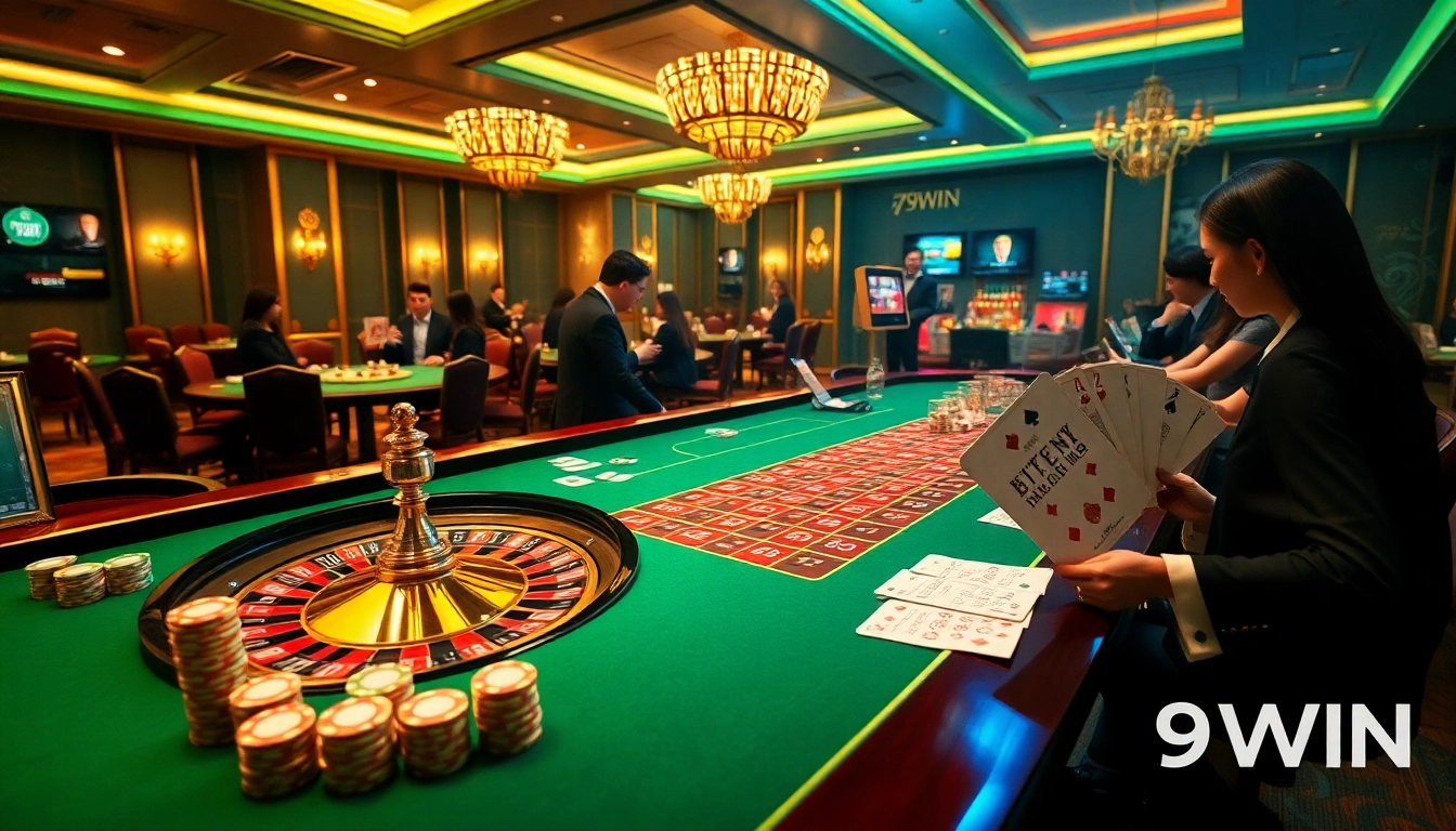 Experience the thrill of online gambling with 789WIN, showcasing poker chips and a vibrant roulette table.