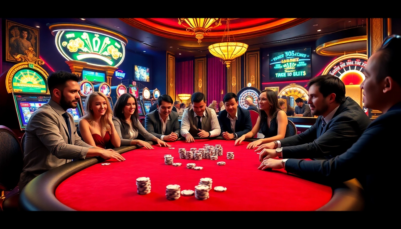 Players enjoy poker at FO88.LTD's luxurious casino, surrounded by vibrant slot machines and roulette wheels.