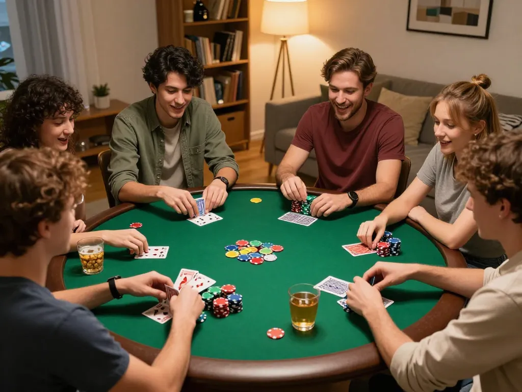 Friends celebrating a fun poker night with 7m strategy tactics visible at the table