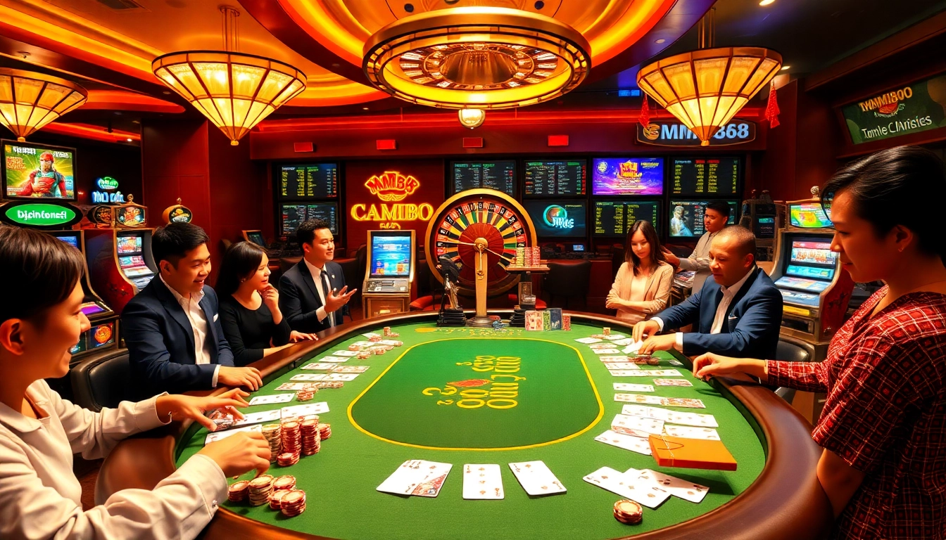Players enjoying an MM88 casino experience with vibrant gaming tables and exciting slot machines.