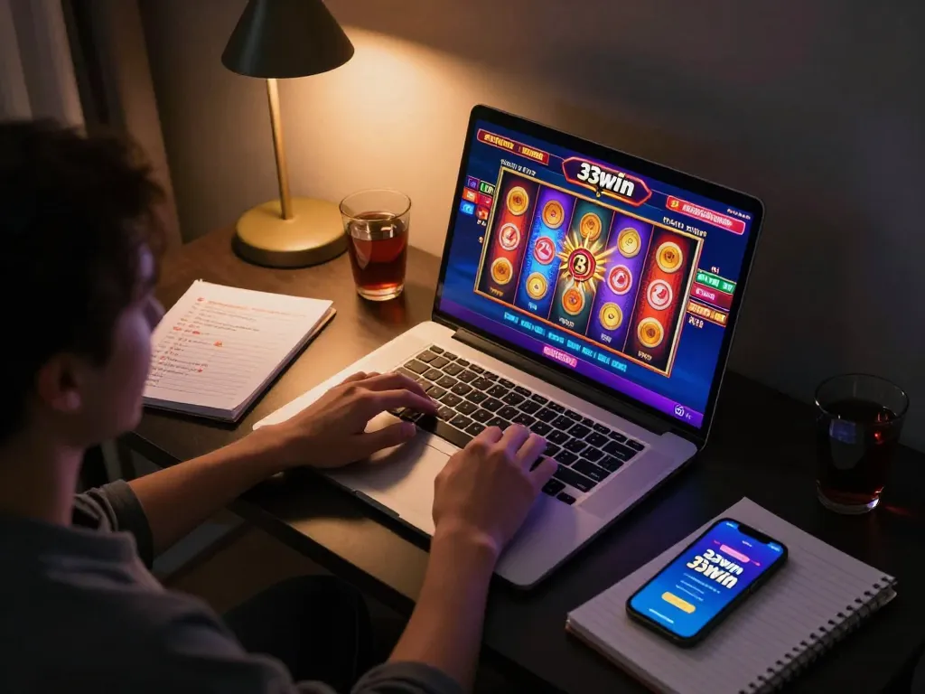 Engaged user playing 33win online casino games on laptop, showcasing vibrant slot interface.