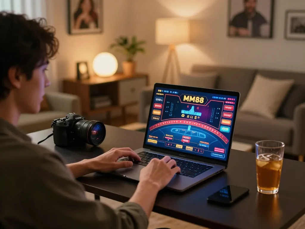 Player enjoying live dealer games on MM88 platform at home, highlighting an engaging online casino experience.