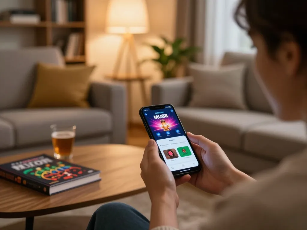 Engaging in online betting with MU88 app on smartphone in a cozy home environment.