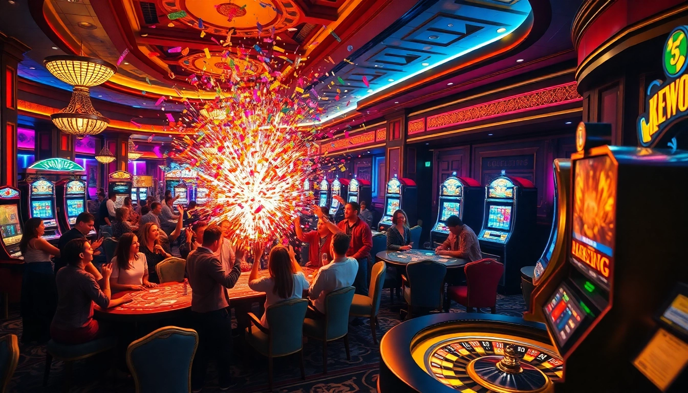 Celebrating the explosion of a prize-winning lottery in an energetic casino scene.