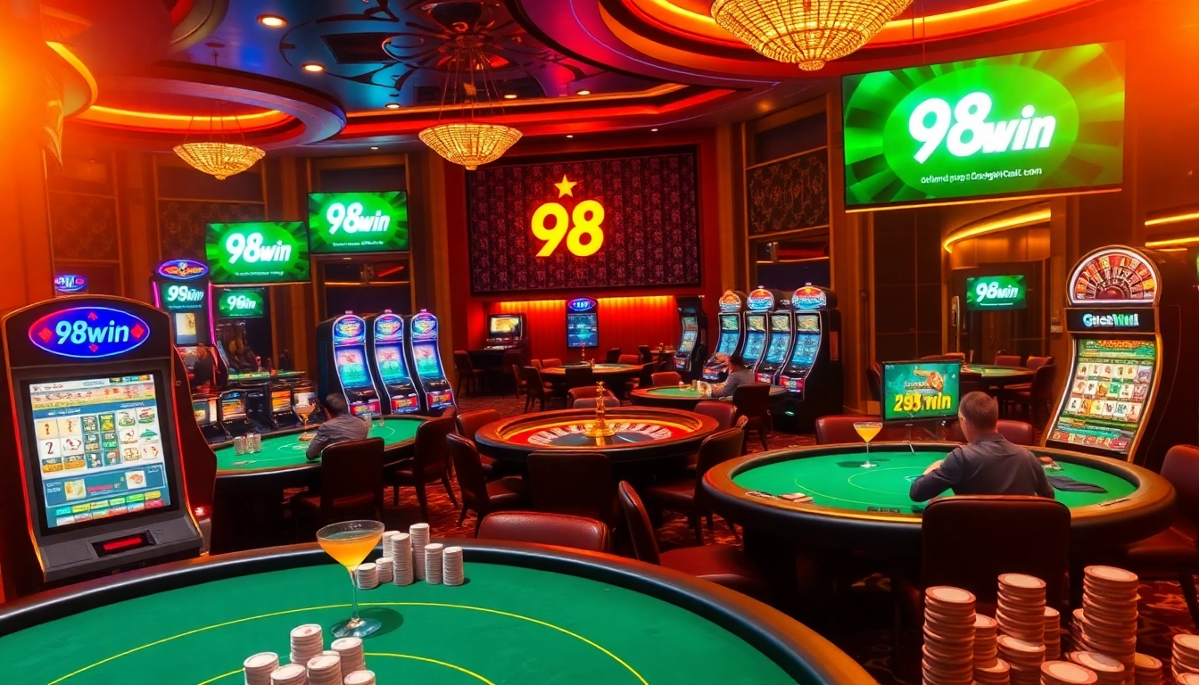 Experience the luxury and excitement of 98win with vibrant casino visuals showcasing poker tables, slot machines, and roulette wheels.