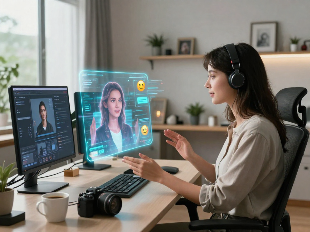 Engaging scene of a person interacting with their AI girlfriend in a futuristic home office, showcasing advanced technology and personal connection.