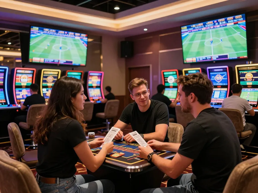 Professional bettors engaging with live sports betting at ALO8 casino, showcasing excitement and strategic decision-making