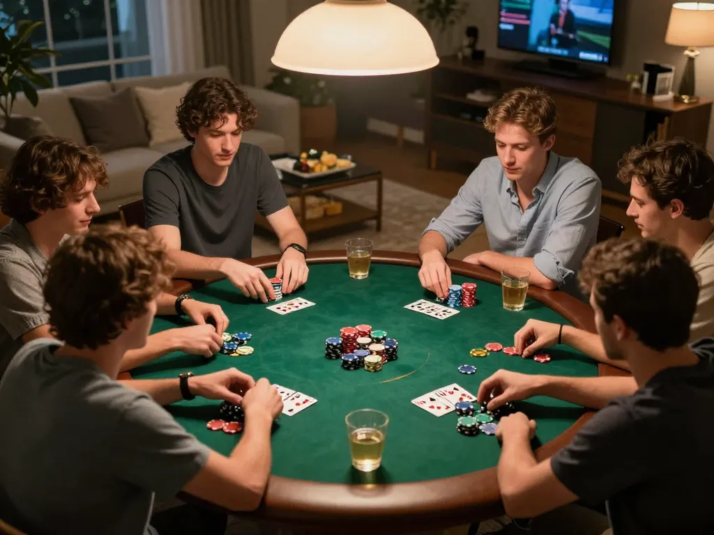 Teman-teman menikmati permainan poker yang meriah di rumah, menampilkan lingkungan permainan sosial 88id dengan chip dan diskusi strategi.