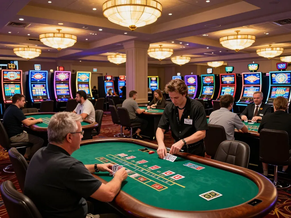Players enjoying blackjack at SC88 casino, focusing on strategy amid vibrant casino ambiance.