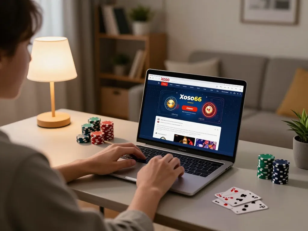 Xoso66 player engaged in online gambling at home with laptop and poker chips