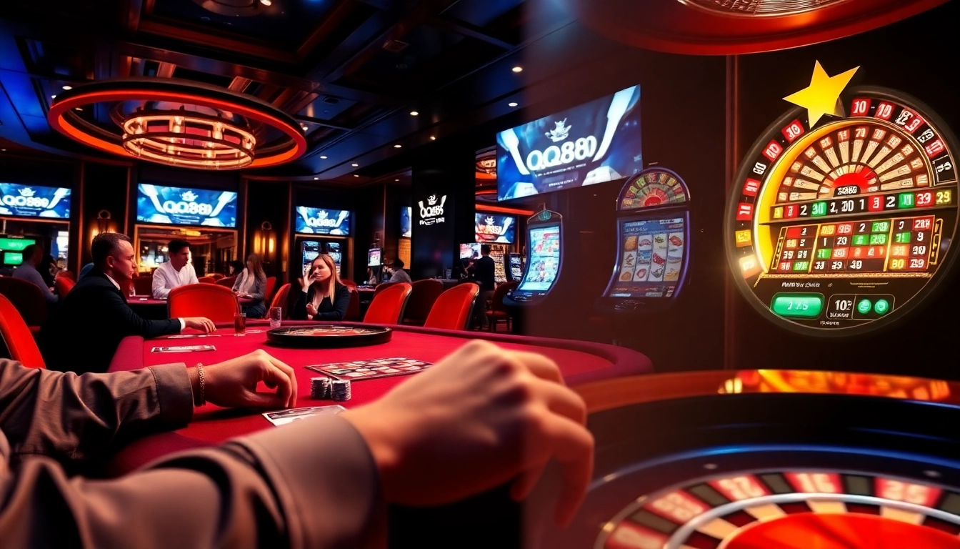 Experience the thrill of QQ88 casino with players engaging in poker and roulette games, showcasing vibrant colors.