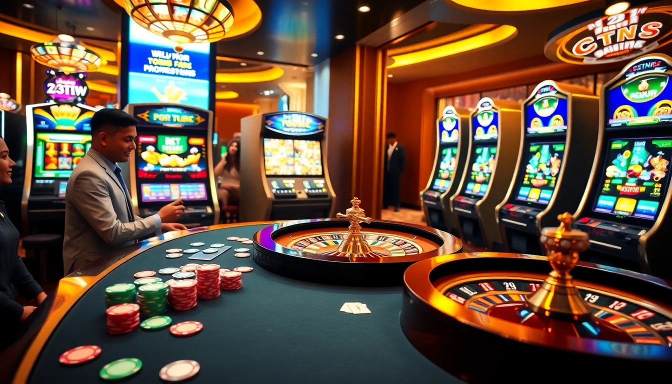 Win big with 23win at a luxurious online casino setting featuring poker, slots, and roulette.