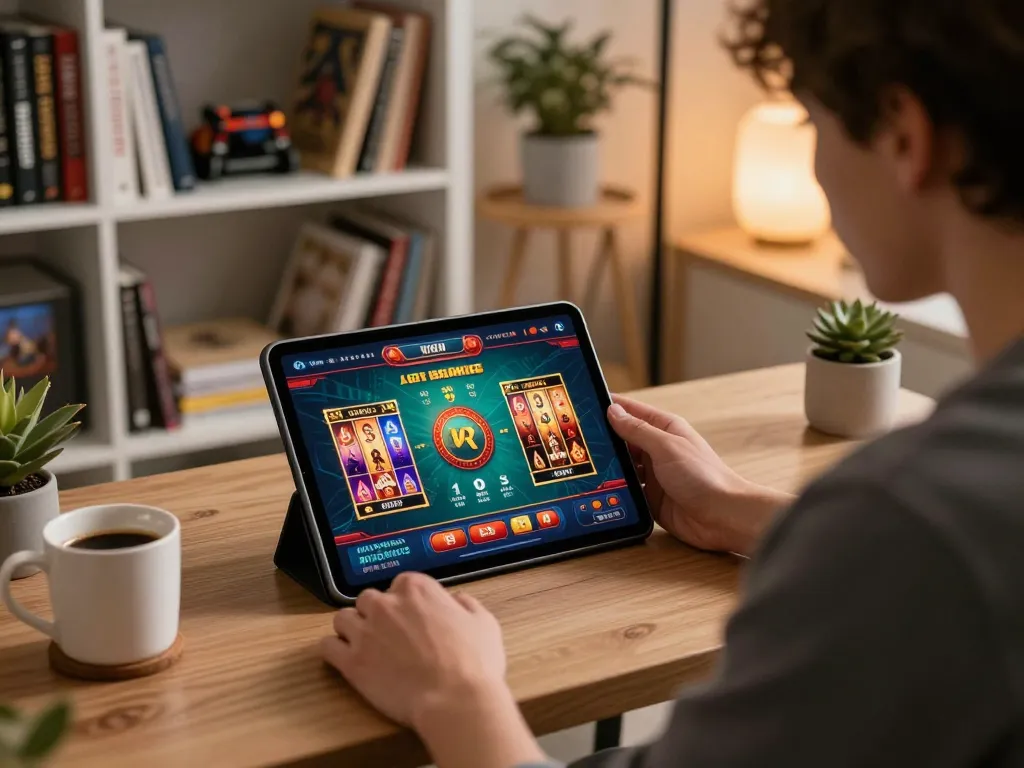 ww88 player enjoying online casino gaming on tablet in a cozy home setting