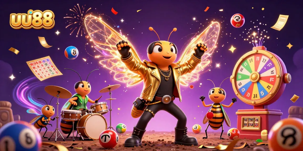 Experience the excitement of uu88 with a vibrant 3D casino scene featuring a cicada rock star and dynamic gaming elements.