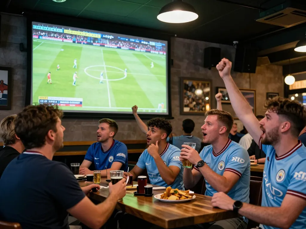 Watch trực tiếp bóng đá man city with fans in an exciting sports bar atmosphere, cheering for every goal in a lively match.