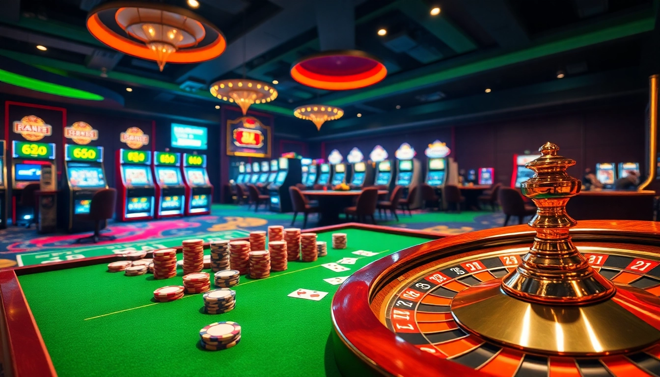 Engage with thrilling games at https://luongsontv5.com/ featuring a vivid casino scene with a roulette wheel and poker table.