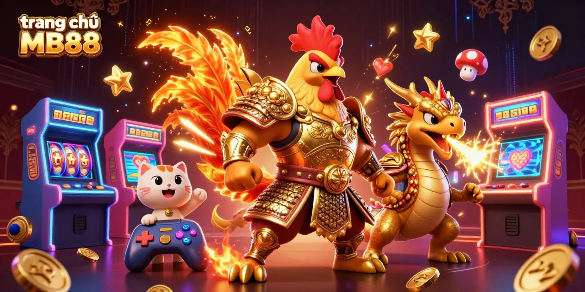 Experience the excitement at trang chủ MB88 with a vibrant illustration of a rooster warrior, dragon hatchling, and gold coins.