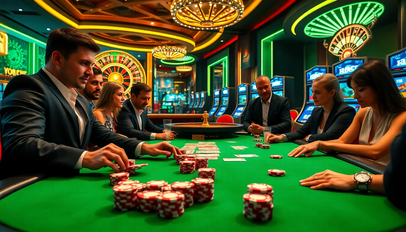KJC players strategizing at a luxurious poker table with vibrant chips and cards.