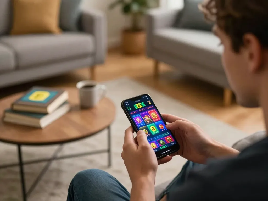 Player engages with EE88 app on smartphone, enjoying a dynamic casino gaming experience at home.