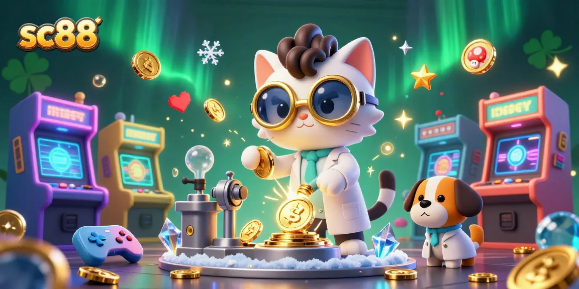 Get ready to win big at sc88 as the mad scientist cat creates a gold-coin machine in a vibrant casino scene.