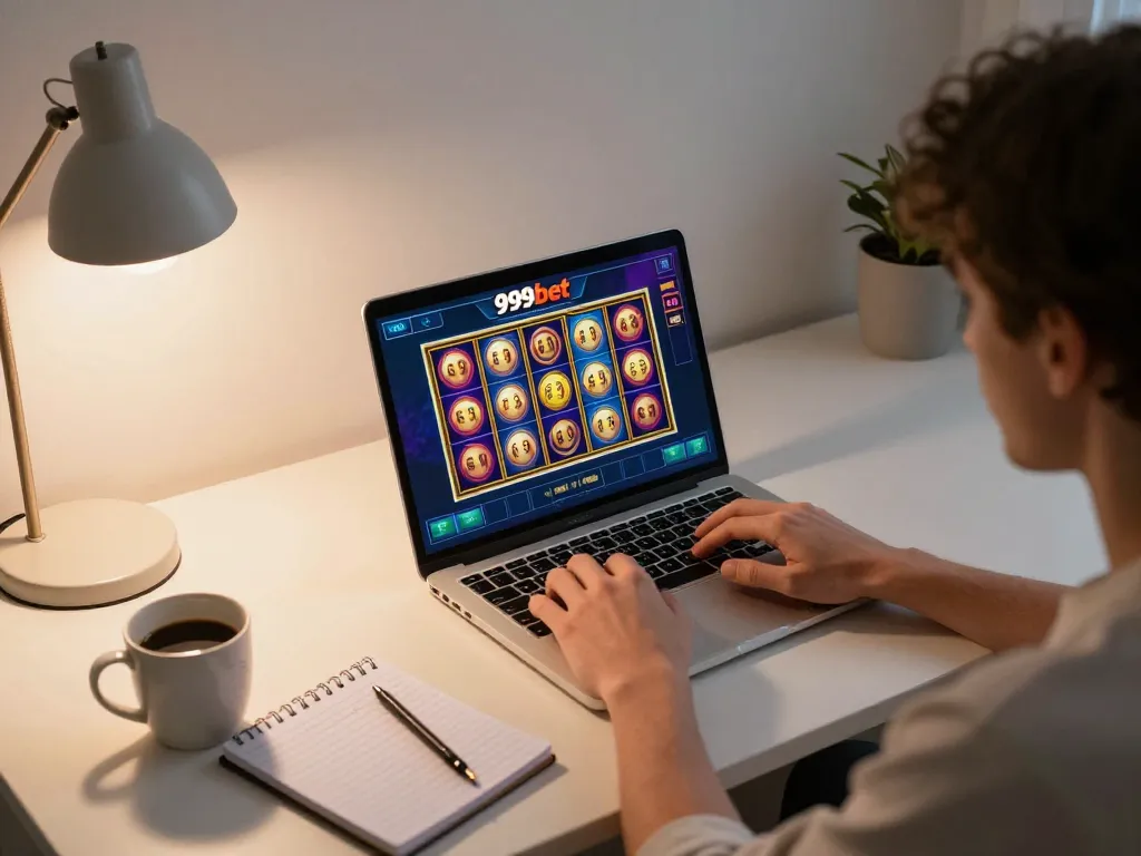 Engaging with 999bet online slots in a cozy home setting, showcasing modern gameplay.
