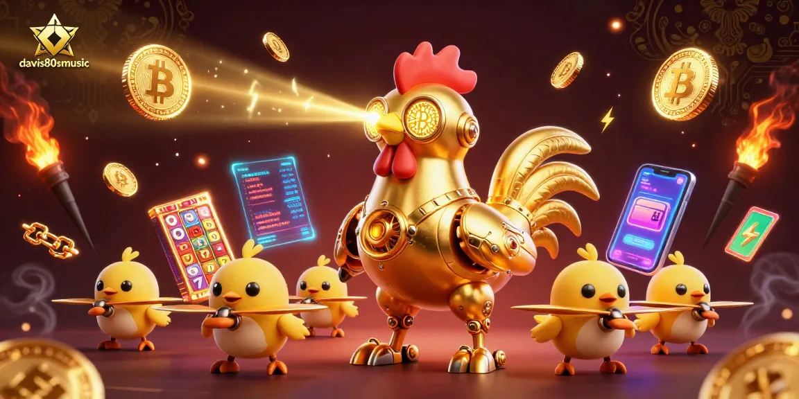davis80smusic showcases a vibrant 3D casino scene with golden rooster robot and Bitcoin symbols in a dynamic environment.