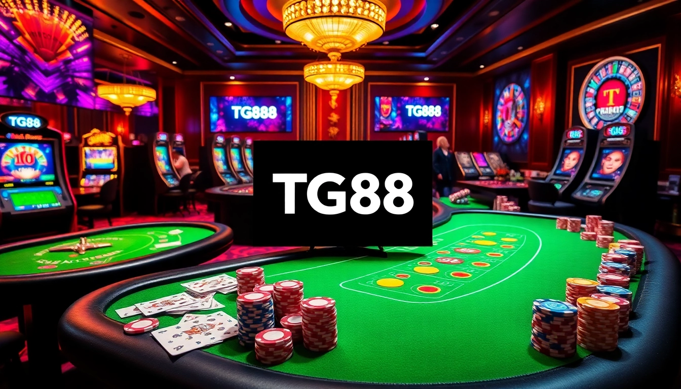 Gamblers enjoying a thrilling experience at TG88, featuring casino tables, cards, and vibrant lights.