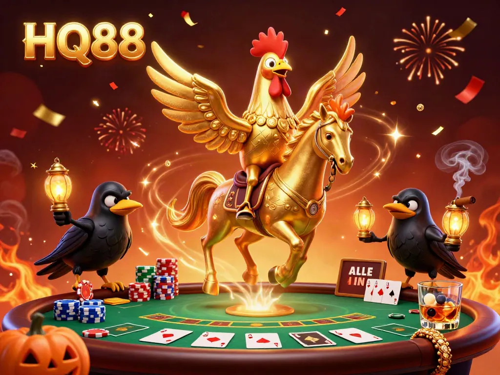 Experience exhilarating gameplay at HQ88's vivid casino, featuring a golden rooster and pumpkin-headed crows.