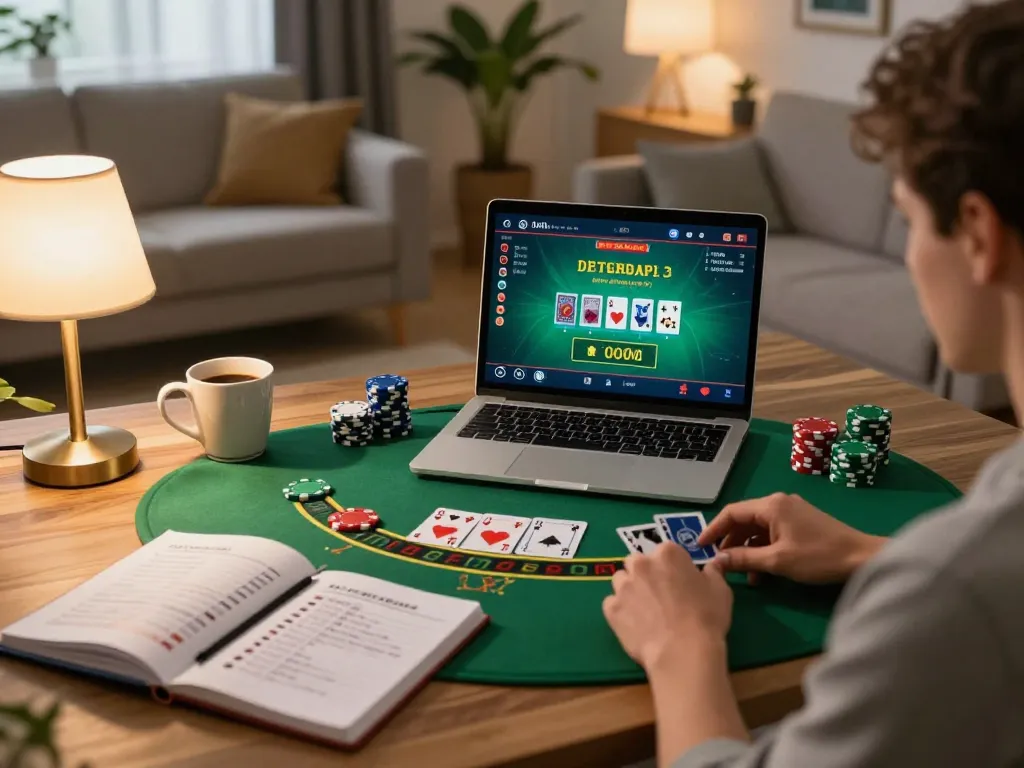 88club player strategizing during an online blackjack game at home with notes and chips visible.