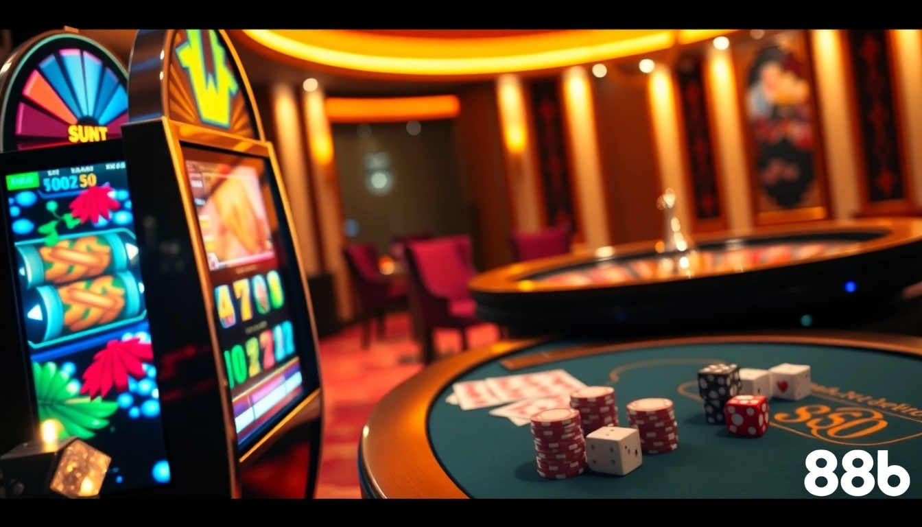 Engaging gambling scene featuring 888b's luxurious slot machines and polished poker tables.